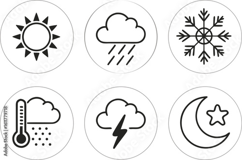 Set of six simple black and white weather icons in circles showing sun rain snowflake thermometer lightning and moon star