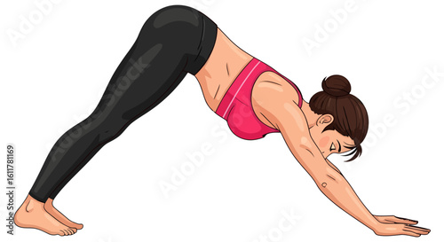 Cartoon woman in downward dog pose with pink top and black leggings.