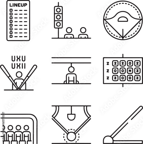Baseball Match Essentials Icon Pack Lineup Card, Bases Loaded Indicator, On-Deck Circle, Pitch Count Display, Team Bench, Bullpen, Foul Line Marker
