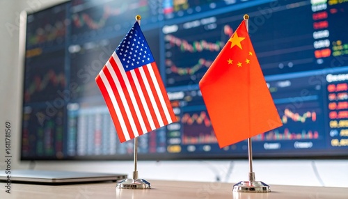 USA–China flags beside stock monitors, symbolizing economic scrutiny and trade power dynamics