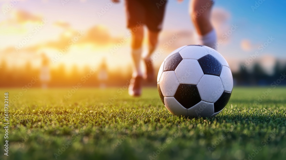Fototapeta premium Playing Soccer players practicing drills on the field, working hard while enjoying the game.