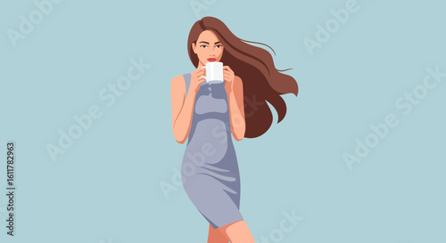Elegant woman in a dress holding a white mug with flowing brown hair.
