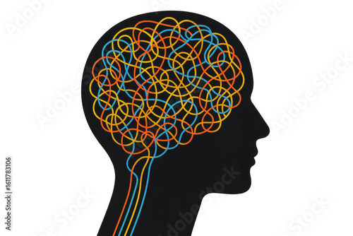Silhouette of human head with tangled lines representing confused thoughts on transparent background