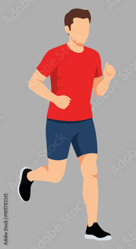 Faceless Runner in Red Shirt and Blue Shorts MidStride.