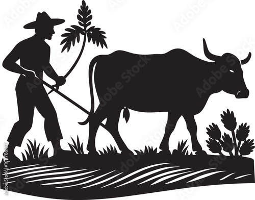 A black silhouette of a farmer guiding an ox plowing a field, with plants and soil details, isolated on a white background.