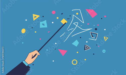 Creative hand with wand conjures abstract shapes and lines on vibrant blue background for modern designs