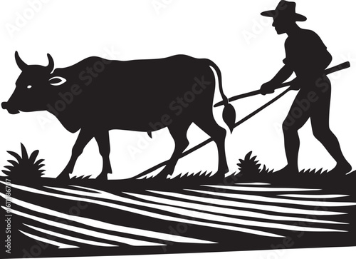 A silhouette of a farmer guiding an ox plowing a field with furrows, isolated on a white background.