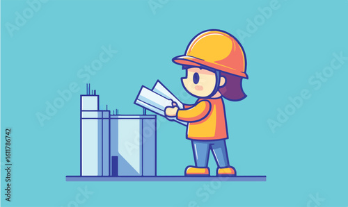 Cartoon construction worker reviewing blueprints at a building site with bright, cheerful colors