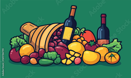 Celebrate autumn harvest with bountiful cornucopia of fresh produce and fine wine for Thanksgiving feast