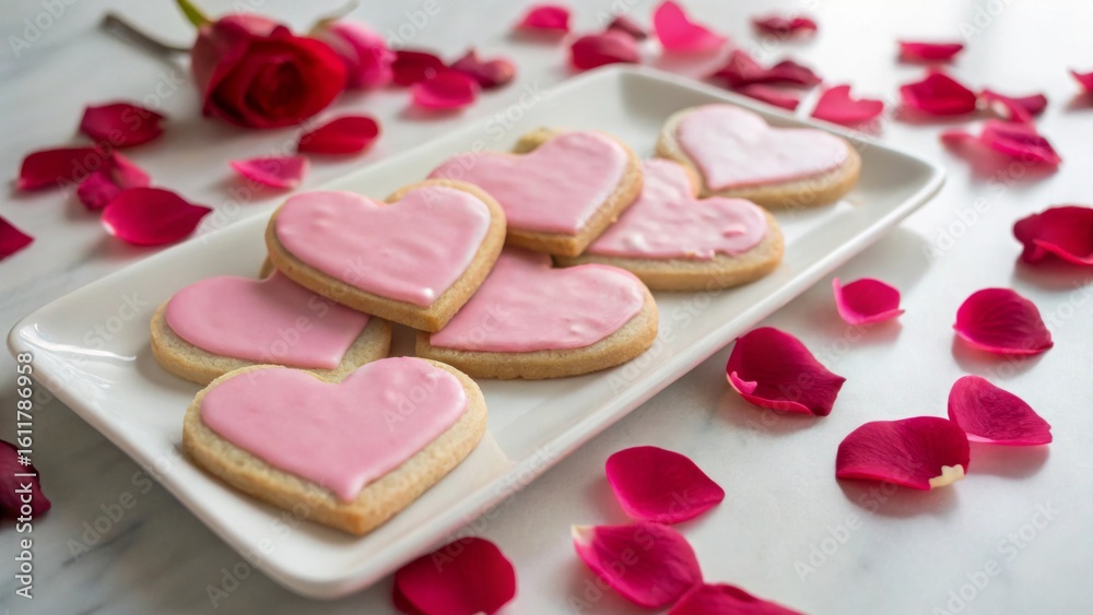 Heart-Shaped Cookies with Pink Icing Surrounded by Rose Petals Heart-Shaped Cookies with Pink Icing Surrounded by Rose Petals
