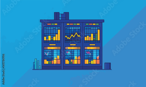 Dynamic stock market data center with rising graphs for financial technology investment success
