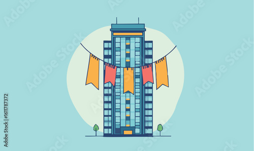 Celebrate modern city living with festive bunting and vibrant urban architecture illustration