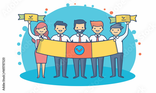 Celebrate successful teamwork with diverse team holding checkmark banners and a banner of success