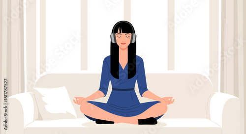 Serene Woman Meditating with Headphones in Blue Dress on Cream Sofa.