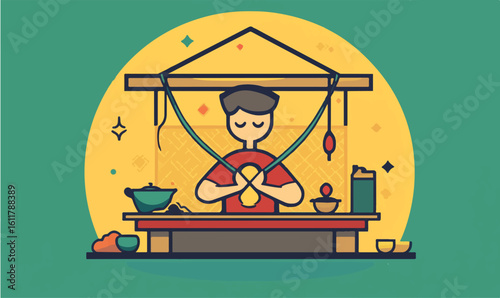 Meditative character at a stylized food stall preparing delicious meals with love and culinary passion