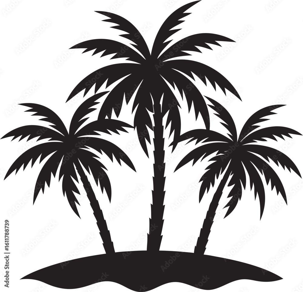 Obraz premium A black silhouette of three palm trees standing on a small island, presented isolated on a clean white background.