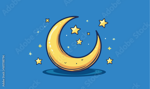 Dreamy crescent moon and stars shining brightly on a beautiful blue night sky background