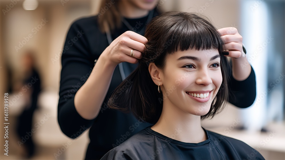 Fototapeta premium Woman enjoying a haircut at a modern salon with a stylist