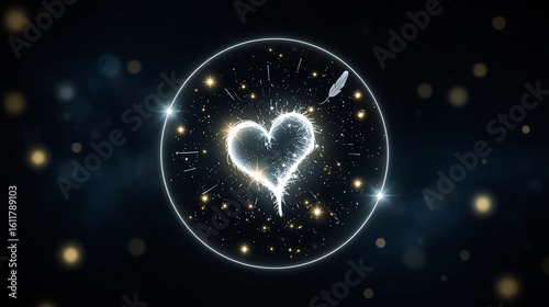 Dreamy Glowing Heart Inside a Magical Circle with Sparkles and Feather on Dark Background – Symbol of Love, Fantasy, Magic, Emotion, and Romantic Energy in Digital Art


