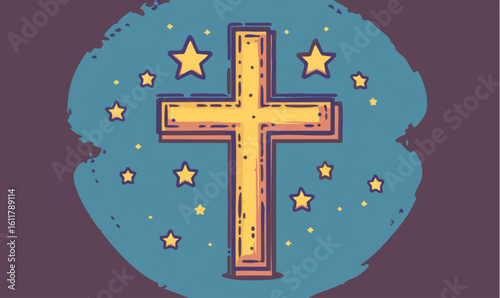 Golden Christian cross with stars sparkling brightly on a teal and purple backdrop for Easter projects