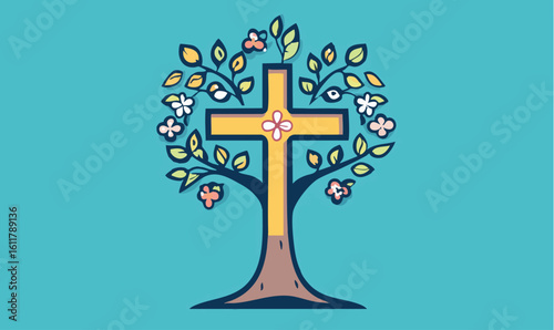 Beautiful Tree of Life Cross with Flowers Symbolizing Faith and Hope in Vibrant Colors