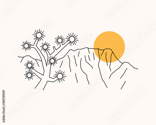 Red rock and Joshua Tree in simple mono line illustration