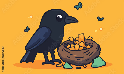 Charming raven guarding its nest filled with golden treasure, surrounded by whimsical butterflies