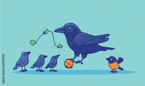 Adorable cartoon birds team up for a playful game with a ball and vine on a delightful blue background