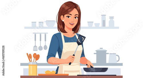 Smiling woman in apron cooking with spatula in a pan on the stove.
