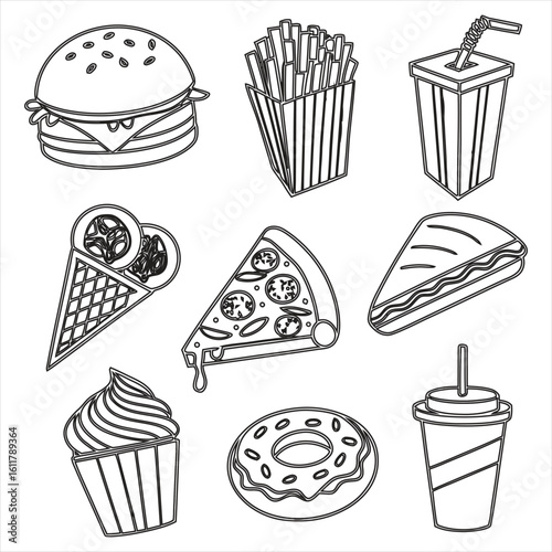Delicious fast food items including burger fries pizza ice cream cupcake donut and drinks vector