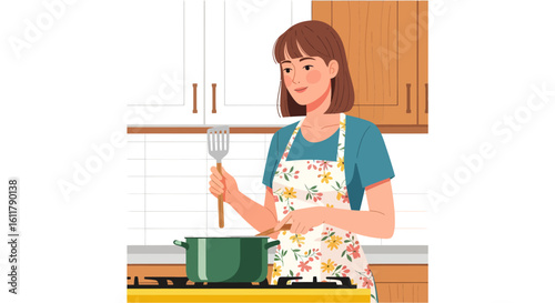 Smiling woman in floral apron cooking with a green pot and slotted turner.