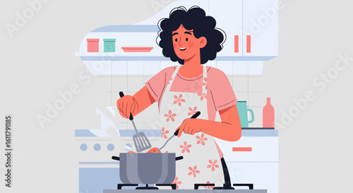 Smiling woman with curly hair cooking with a floral apron in the kitchen.
