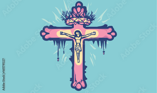 Vibrant cross with Jesus icon evoking faith and spirituality in a modern illustration style ideal for faith based projects