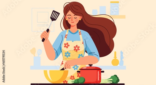 Smiling woman with floral apron cooking with spatula and red pot.