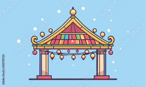 Vibrant Asian pagoda illustration with festive lanterns offers a culturally rich and celebratory vibe