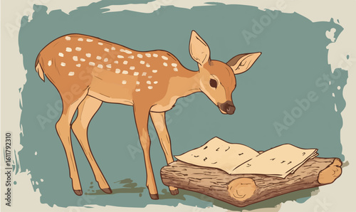 Adorable spotted fawn curiously examining a log book in the forest, perfect for nature themes