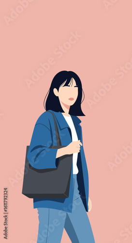 Stylish woman with bob haircut blue jacket jeans and tote bag illustration.