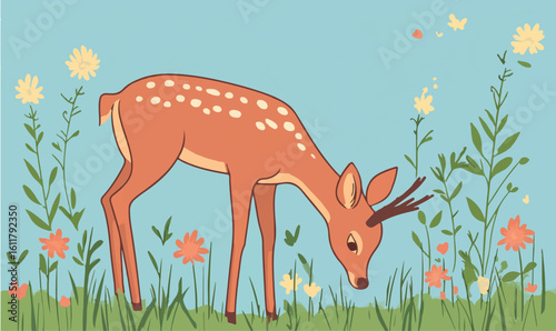 Adorable fawn grazing peacefully among colorful wildflowers in a whimsical meadow illustration