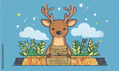 Whimsical deer character illustration with stars and clouds for children's designs and seasonal greetings