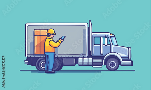Delivery driver checking logistics on phone next to truck ready for shipping and transport services