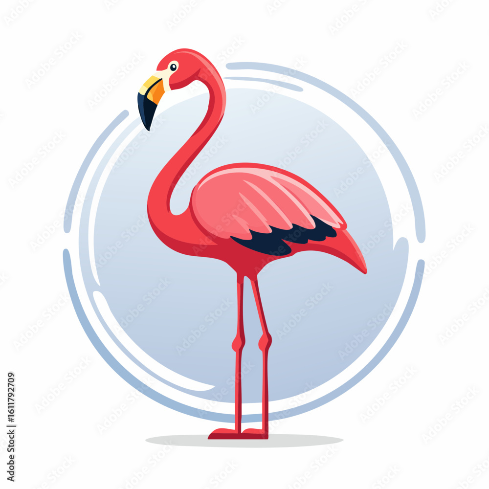 Fototapeta premium Cartoon flamingo illustration standing gracefully in a round frame with vibrant colors