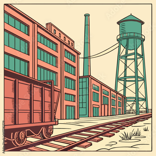 Illustration of industrial factory with train car water tower and smokestack in vintage retro style art