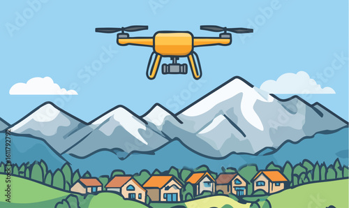 Stylish drone flying over charming village houses with scenic mountain views for modern travel adventures
