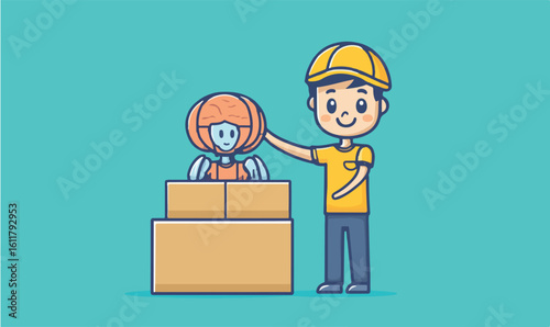 Friendly worker helping a robot out of a box creating a future of easy assistance and delivery service