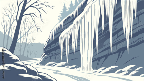 Winter landscape with icicles hanging from rock formation and snowy road scene vector illustration