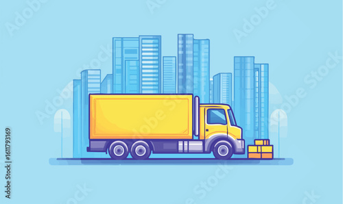 Vibrant delivery truck transporting goods in modern city skyline illustration for logistics solutions