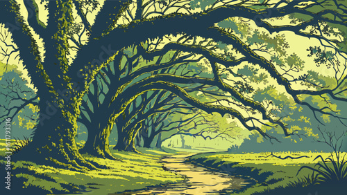 Oak tree canopy path landscape illustration for nature backgrounds and scenic outdoor designs perfect for prints