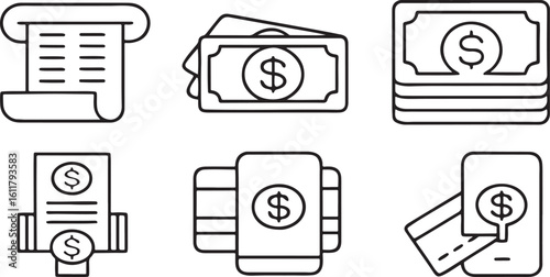Isolated financial transaction and payment icon set, black vector style, wallet, invoice bill, money transfer, credit card swipe, bank building, cash payment, online receipt system