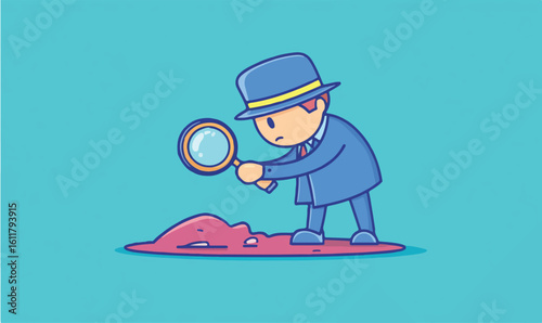 Cartoon detective meticulously investigates mystery with magnifying glass for clues cartoonish illustration