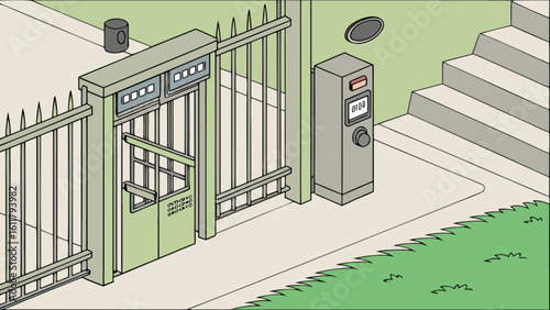 Automated security gate entrance with keypad access control system for residential property safety access